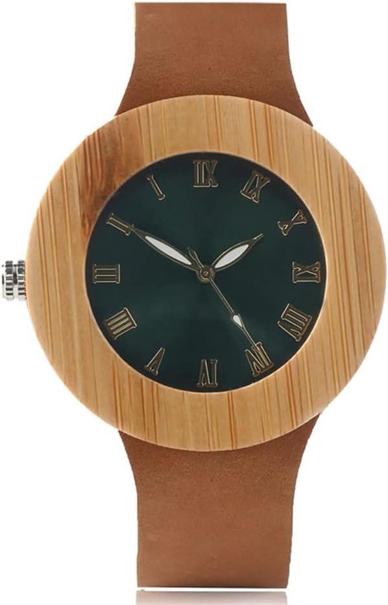 Houten dameshorloge - Leren band - Tijd aflezen - Unieke wijzerplaat - Ronde vorm - Blauw groen