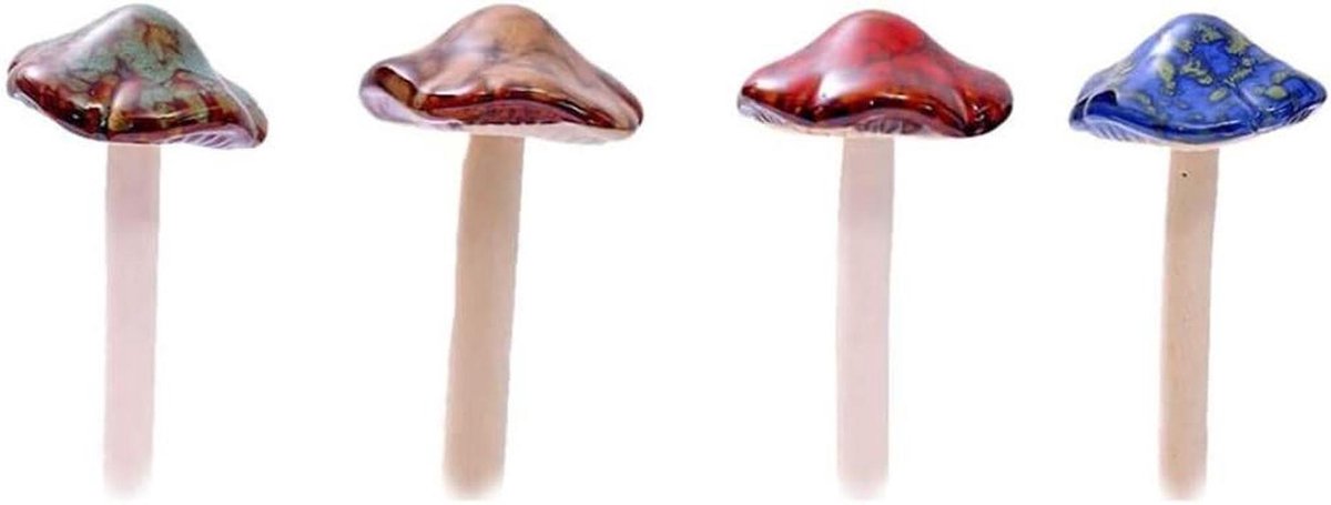 Mushroom Ornamenten - Tuin Decoratie - Tuin Verfraaien - Uniek Glazuur Patroon - 4 Stuks - Kleurrijk