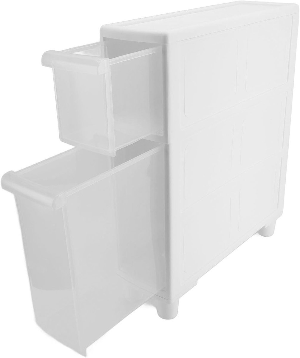 Opbergkast Plastic - Slanke Organizer - Ruimte Besparen - 2 Laden 4 Wielen - 14 cm Breed - Wit