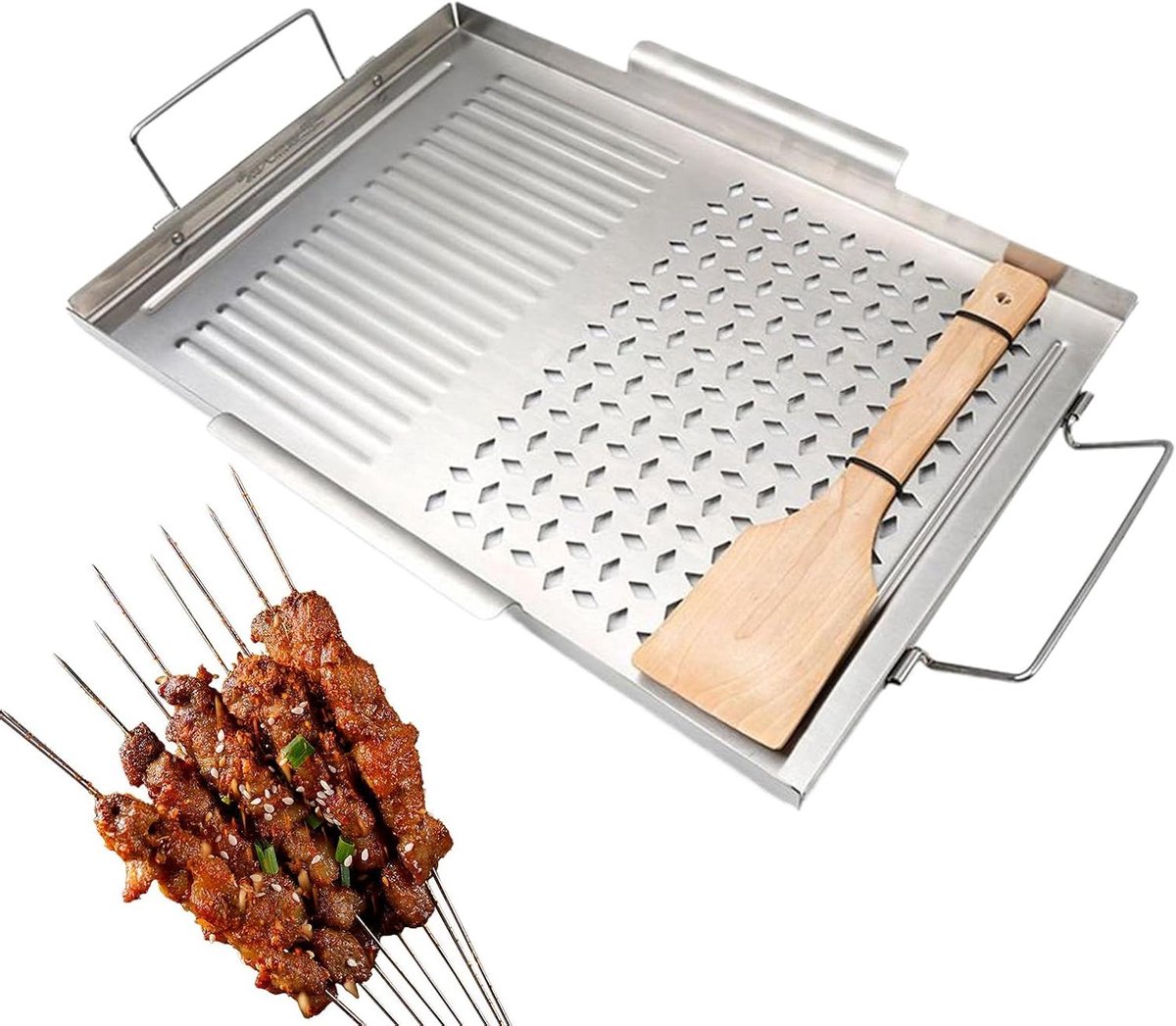 Grillplaat Fornuis Bakplaat Roestvrijstaal Buiten Koken Uniforme Warmte 48x31 cm Zilverkleurig