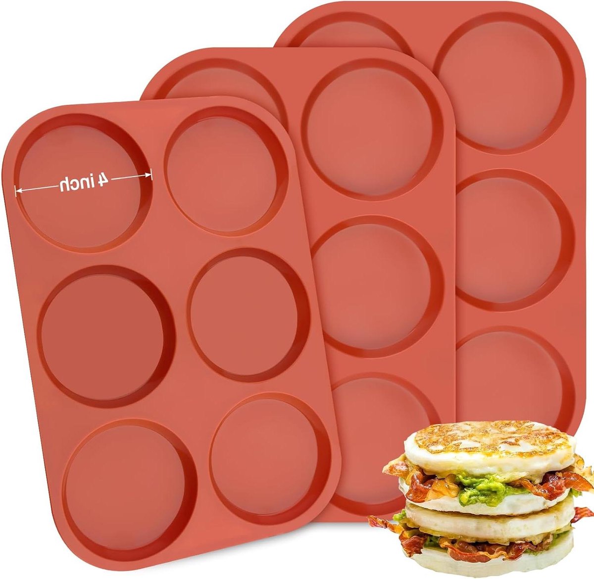 Ocmoiy Siliconen Muffin Top Pans/Ei Mallen voor Bakken Non-Stick 4 inch Jumbo Ronde Siliconen Mal voor Hamburger Broodje, Muffin Top, Eieren, 6 Holtes Whoopie Pie Pan Pack van 3