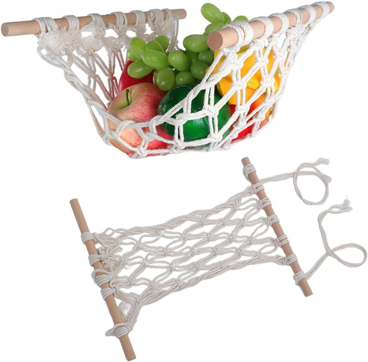 Hangende Fruitmand - Net Tas - Keuken Organisatie - Handgeweven Ontwerp - 40 cm - Natuurlijk