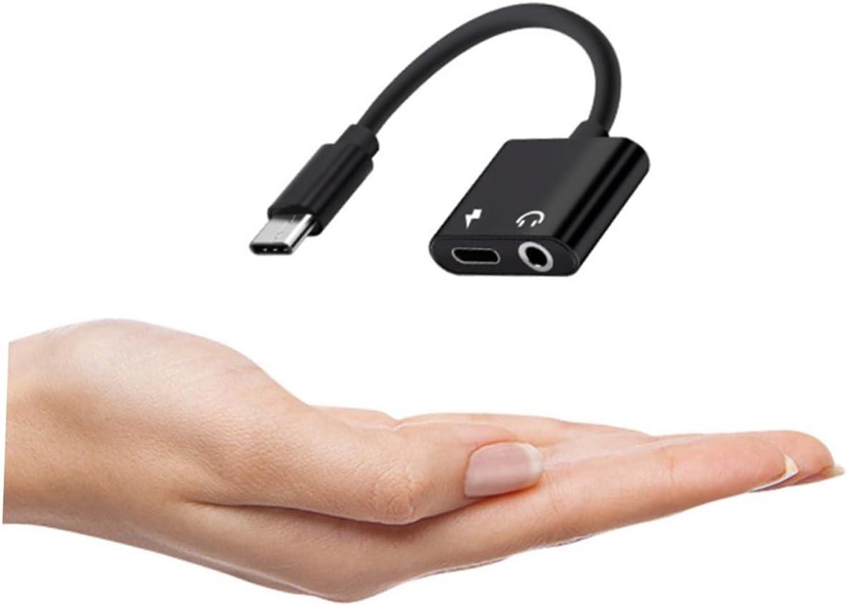 USB C naar 3.5mm Adapter - Audio Converter - Muziek Luisteren - 2-in-1 Opladen - 12 cm - Zwart