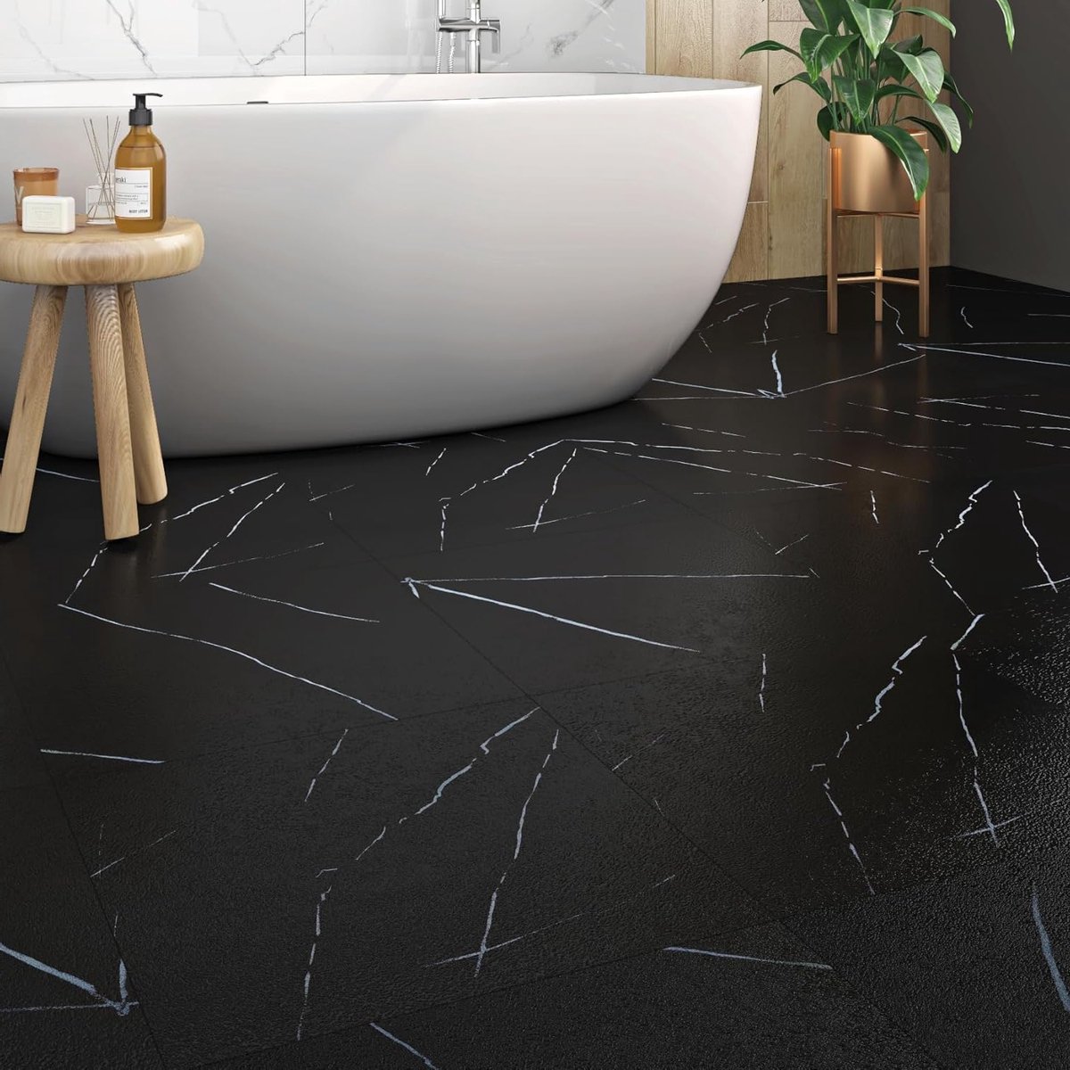Set van 30 Zelfklevende Vloertegels in Marmer Zwart, Waterdicht Vinyl voor Keuken en Woonkamer, 30 x 30 cm, Ideaal voor Linoleum en Slaapkamer Decoratie