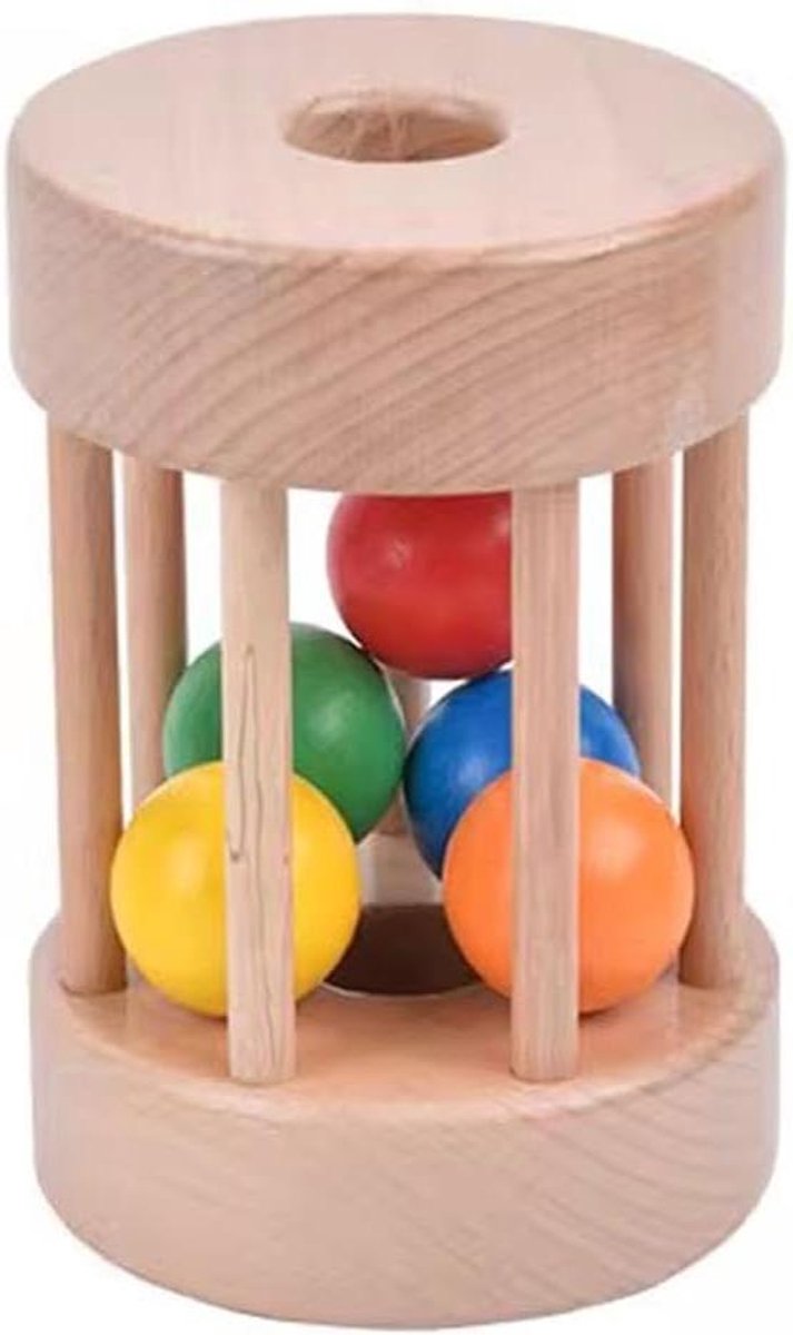 Montessori Trommel Speelgoed - Roller Regenboog - Sensorisch Ontwikkelen - Grote Houten Knop - 9.5 x 9.5 x 13.5 cm