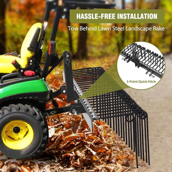 60 inch harken voor zwaar gebruik, geschikt voor dennenstro - 3-punts tractorharken met 26 spiraalveer-tanden - Duurzaam gepoedercoat staal - Bevestiging via 3-punts hefinrichting - 152 × 81 × 48 cm - Zwart — afbeelding 2