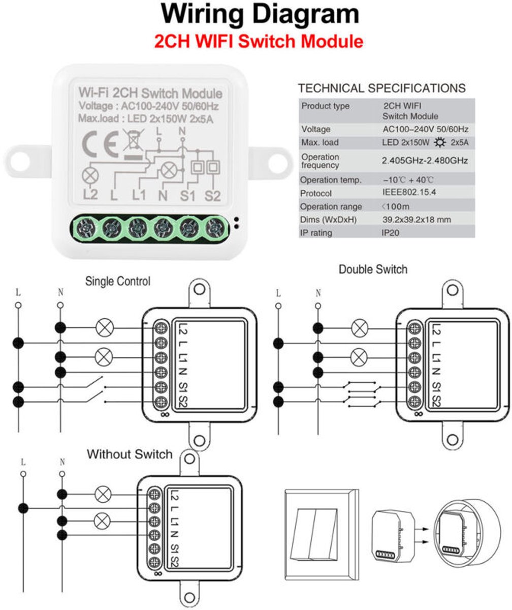 Een bidirectionele wifi-schakelmodule die spraakbediening en app-bediening ondersteunt voor slimme timers in huis.