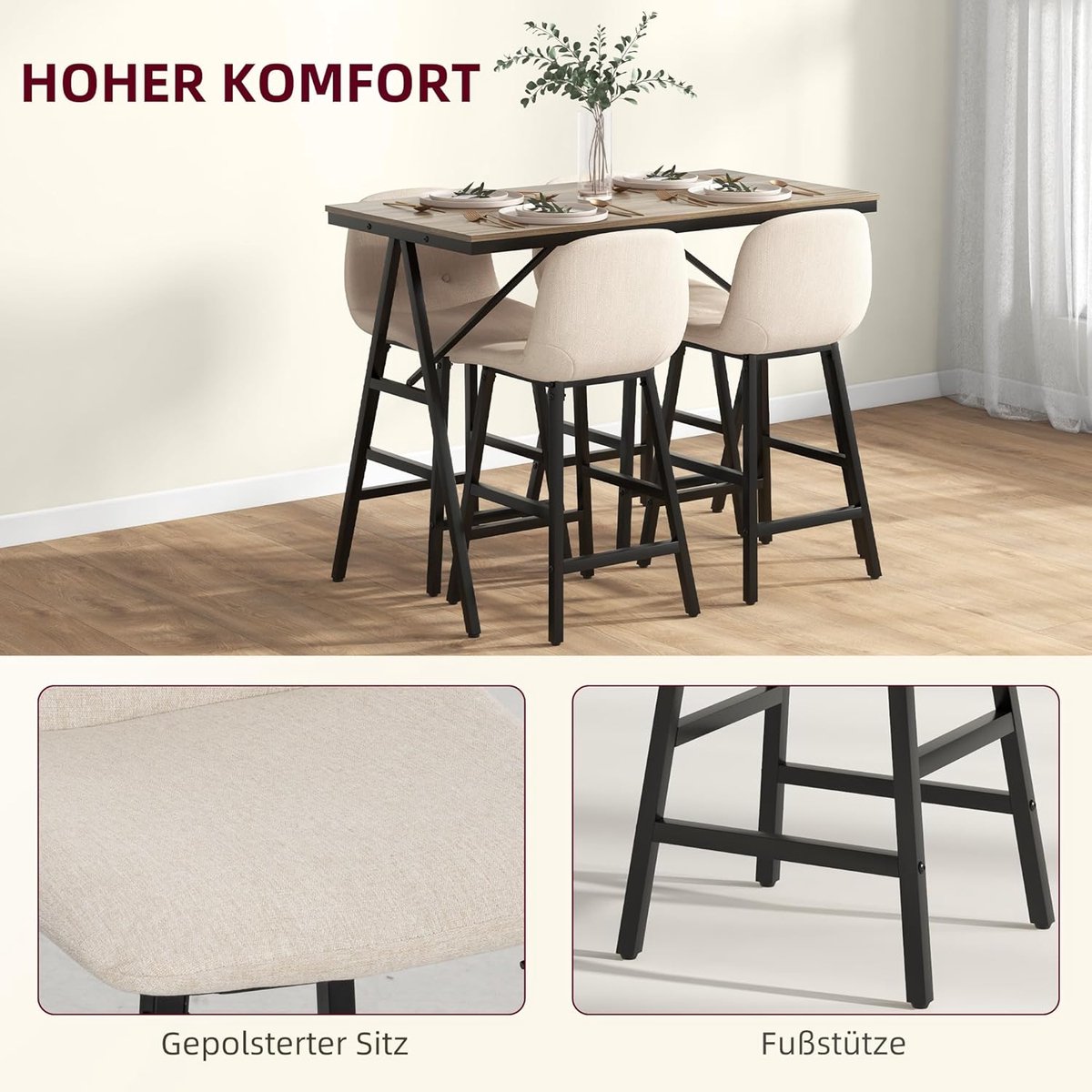 NordicBeige ComfortDining Bartafelset 5-delig met 4 Barkrukken 120 x 60 x 91 cm – Moderne Industriële Eetkamerset met Stalen Frame en Linnen-Style Bekleding – Beige