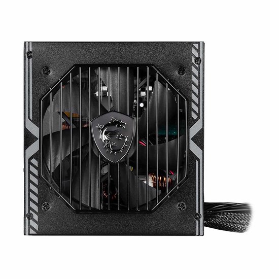 MSI MAG voeding met ventilator, zwarte grill en MSI drakenlogo in het midden.