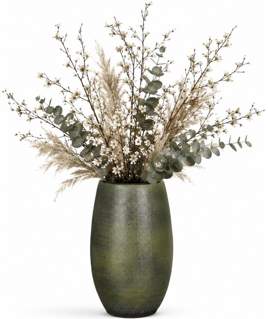 Mica Decorations hoge Bloemenvaas - keramiek - donkergroen glans / ribbels - D30 x H50 cm - vaas Porto