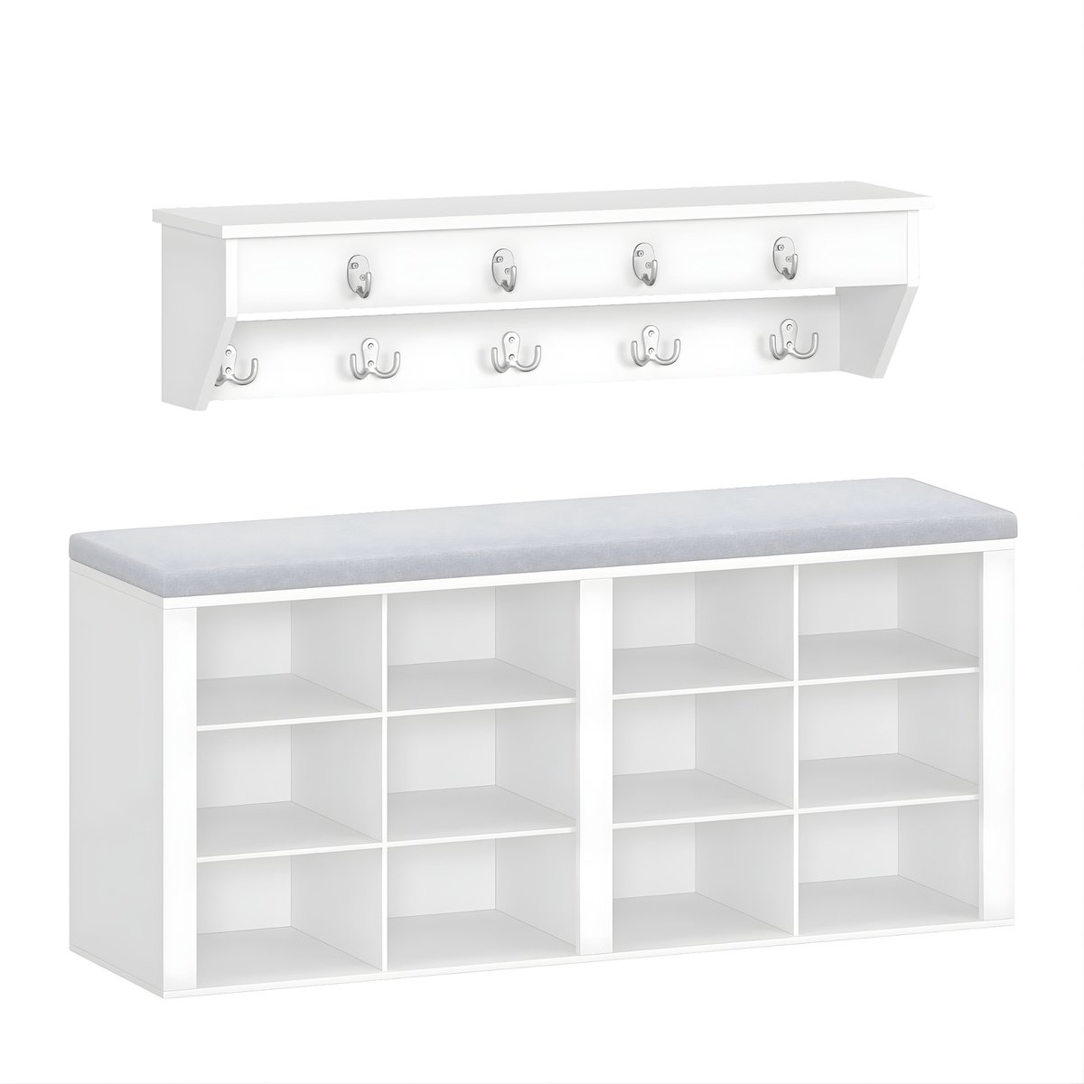 Happiq Kapstok met Bank – Voor Hal & Entree – Schoenbank met Zitgedeelte, Muurkapstok met 9 Haken – 30 x 104 x 49 cm – Wit/Grijs White + Gray