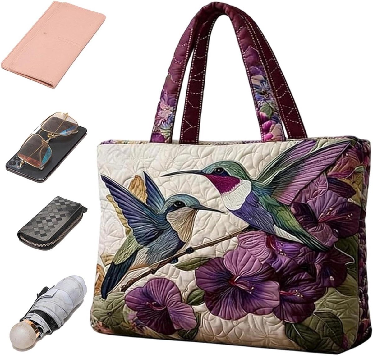 Gevulde Tote - Weekendtas - Dagelijks Gebruik - Vogel Bloemenprint - 43x40x10 cm - Kolibrie