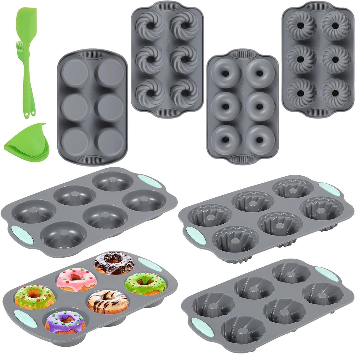 Set van 8 Siliconen Donut Bakvormen en Muffin Pannen, Inclusief Spatel, Kwast en Handschoen voor Perfecte Donuts en Muffins, Antiaanbak en Duurzaam