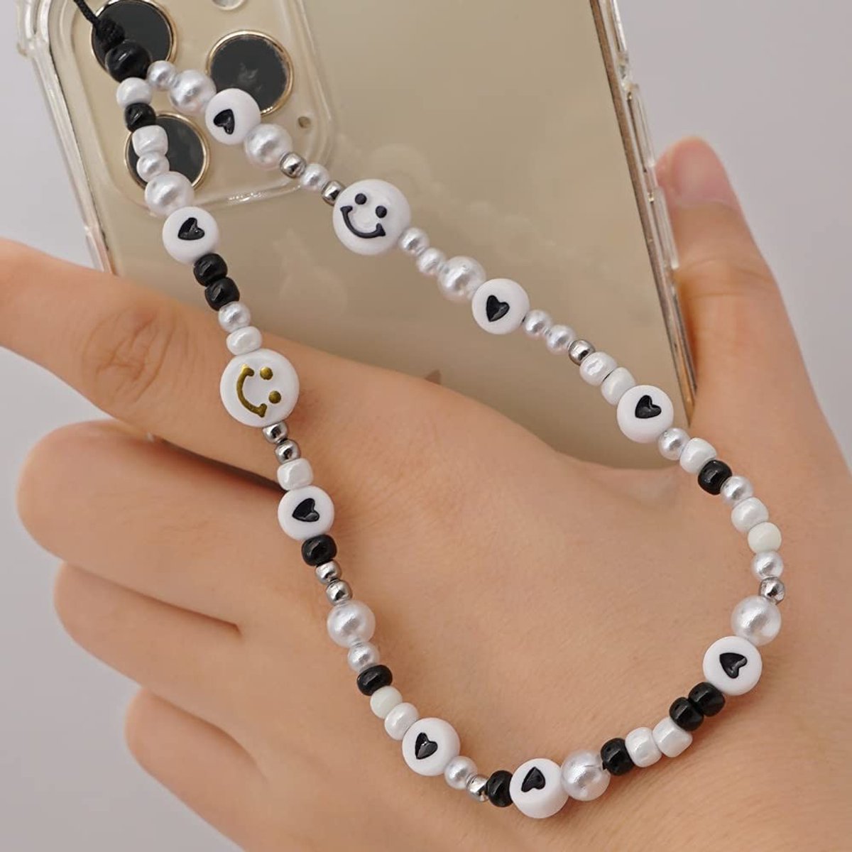 Dailygoods - Mobiele Telefoonkoord met Kleurrijke Parels en Smiley Gezicht