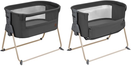 Deux co-sleepers Maxi-Cosi Tori gris foncé avec côtés en mesh et pieds beiges.
