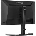 Achterkant van een zwarte monitor met standaard.