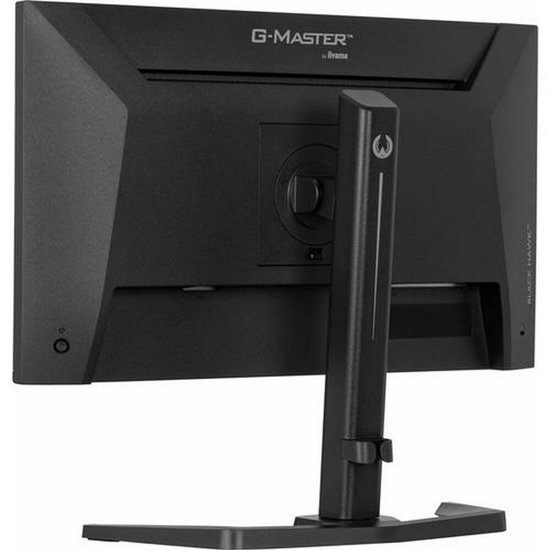Achterkant van een zwarte monitor met standaard.