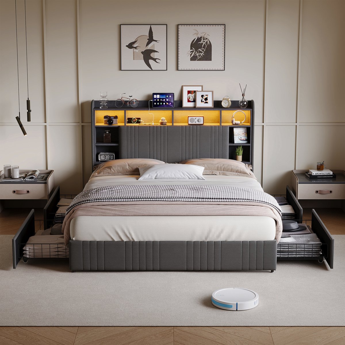 Gestoffeerd Bed 160x200 cm met LED en USB-C – Tweepersoonsbed met Hoofdbord Opbergruimte en 4 Opberglades, Grijs Linnen, Geschikt voor Volwassenen en Jongeren (Zonder Matras)