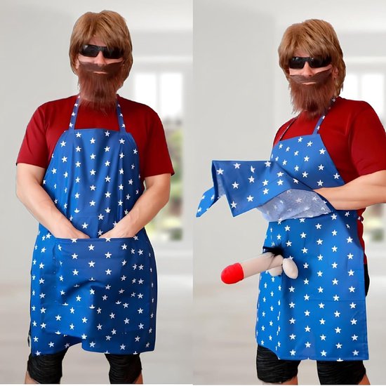 OLOEY Le tablier blague ultime - Une surprise cachée dans la poche - Tablier amusant avec slip pénis - Tablier de cuisine original pour adultes (Bleu)