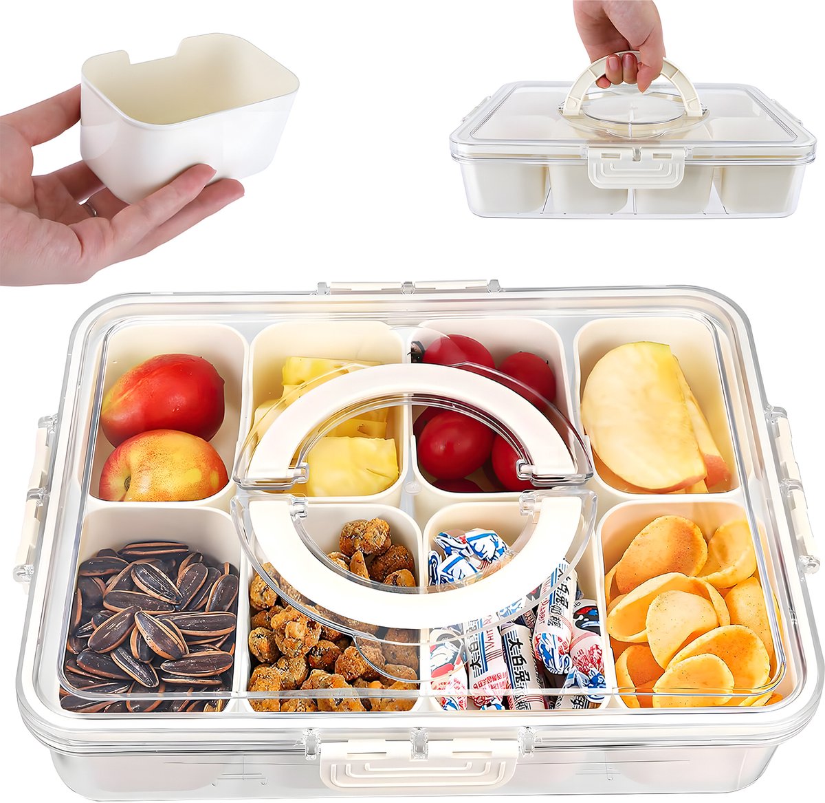 Voedselveilige Vershouddoos met 8 Vakken – Lunchbox & Fruit Bewaarbox – Afsluitbare Koelkast Organizer met Handgreep – Crèmewit