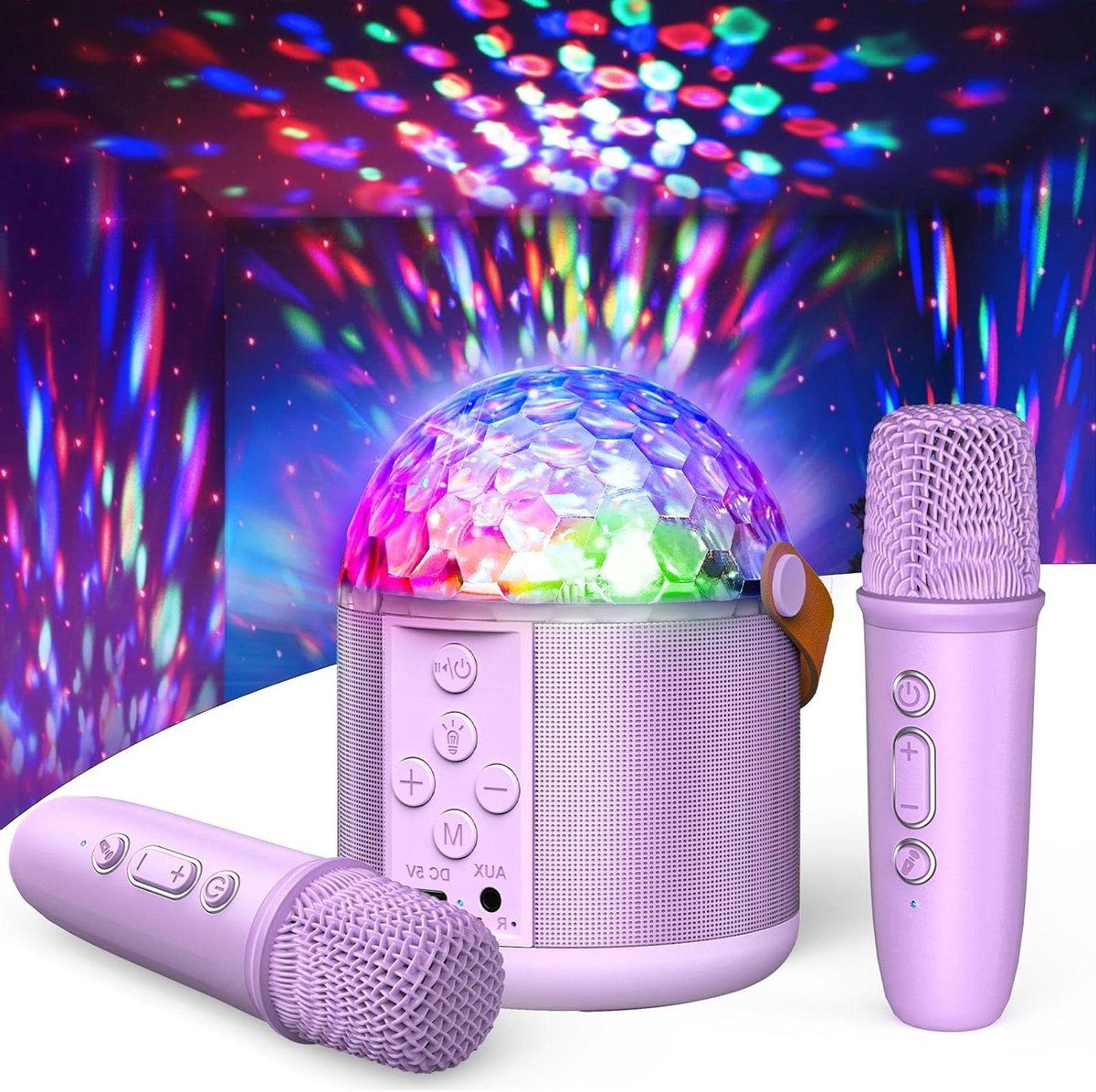 Mini karaokemachine met disco LED-verlichting voor kinderen en volwassenen, Bluetooth karaoke-microfoon zingende luidspreker met 2 draadloze microfoon en licht voor alle smartphones, geschenken