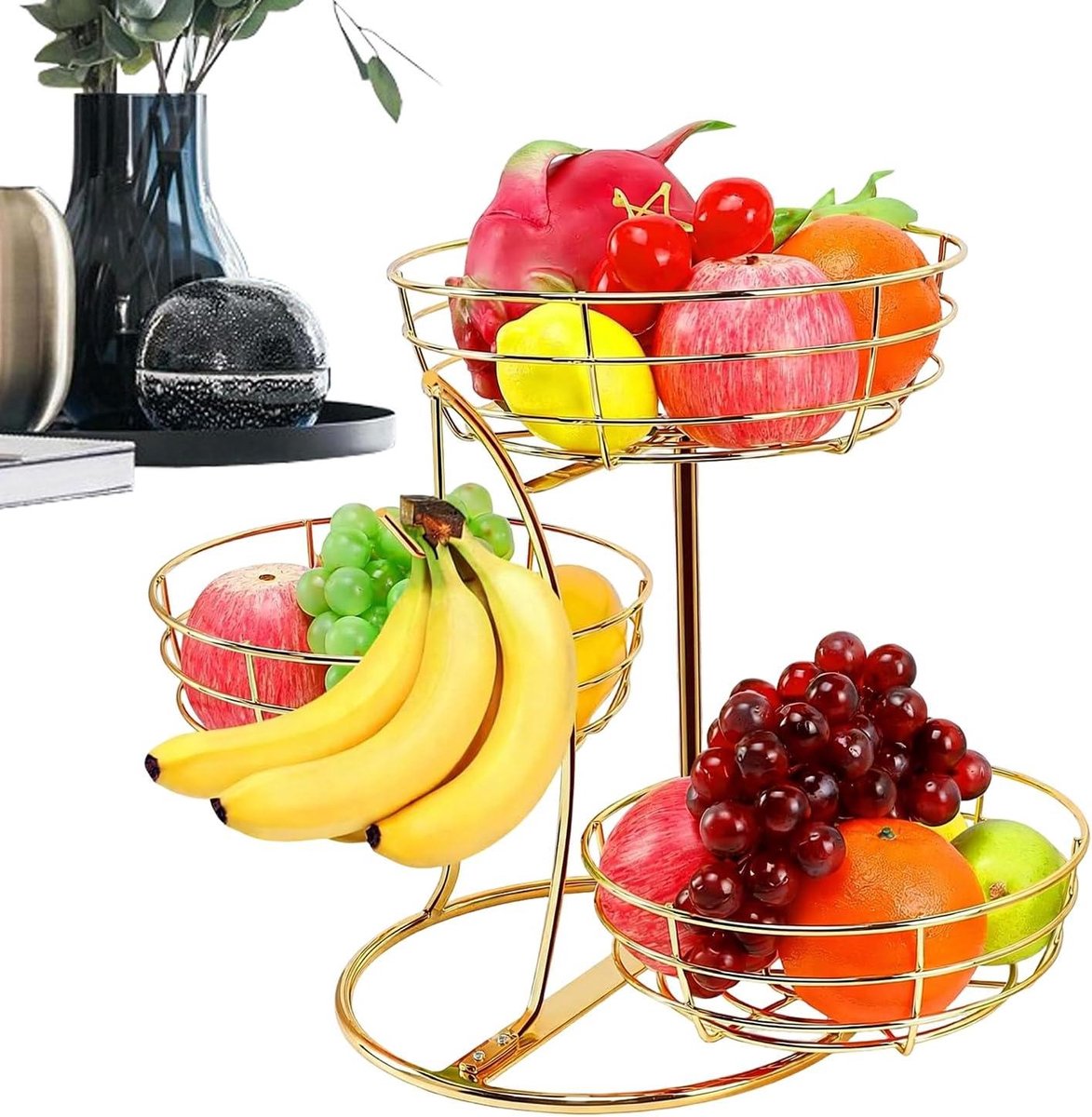 Fruitmand - Fruitstandaard - Keuken Opbergen - Met bananenhouder - 3-laags - Goud