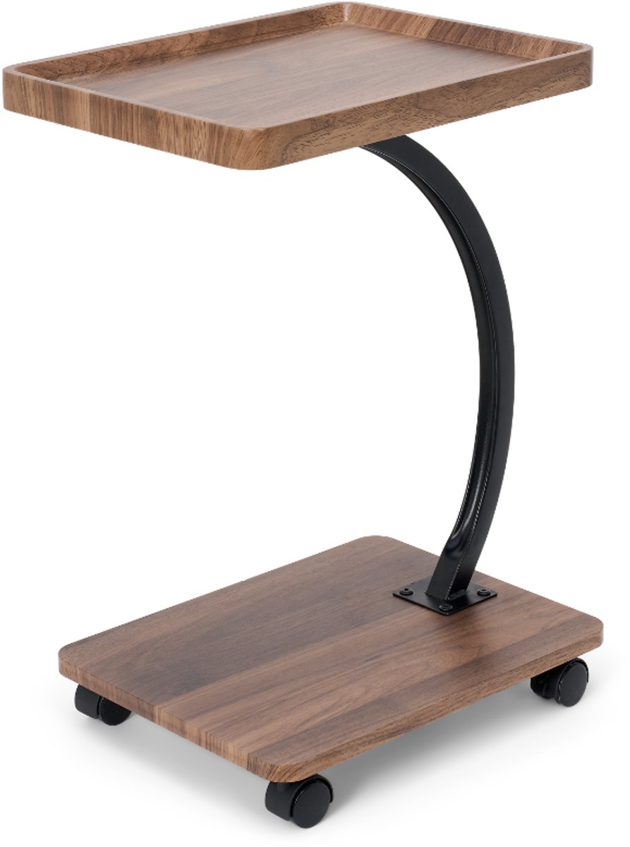 Trendy Meije® C-vormige Bijzettafel op Wielen - Walnoot Hout - Verrijdbaar - Voor Bank en Bed