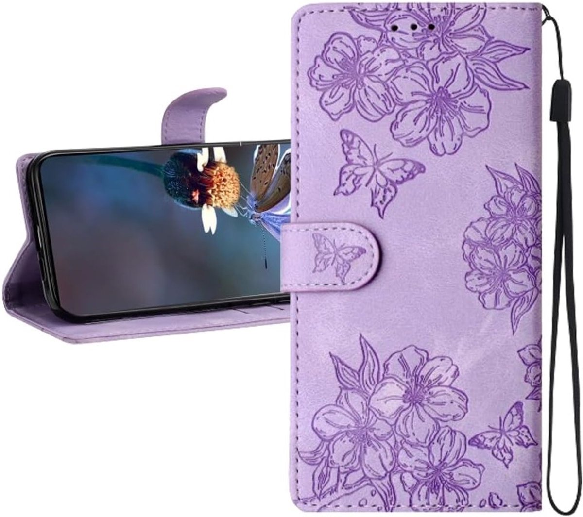 Premium Leren Flip Cover voor iPhone 11 met Kaartsleuven, Kickstand en Polsband - Vlinder Paars Design