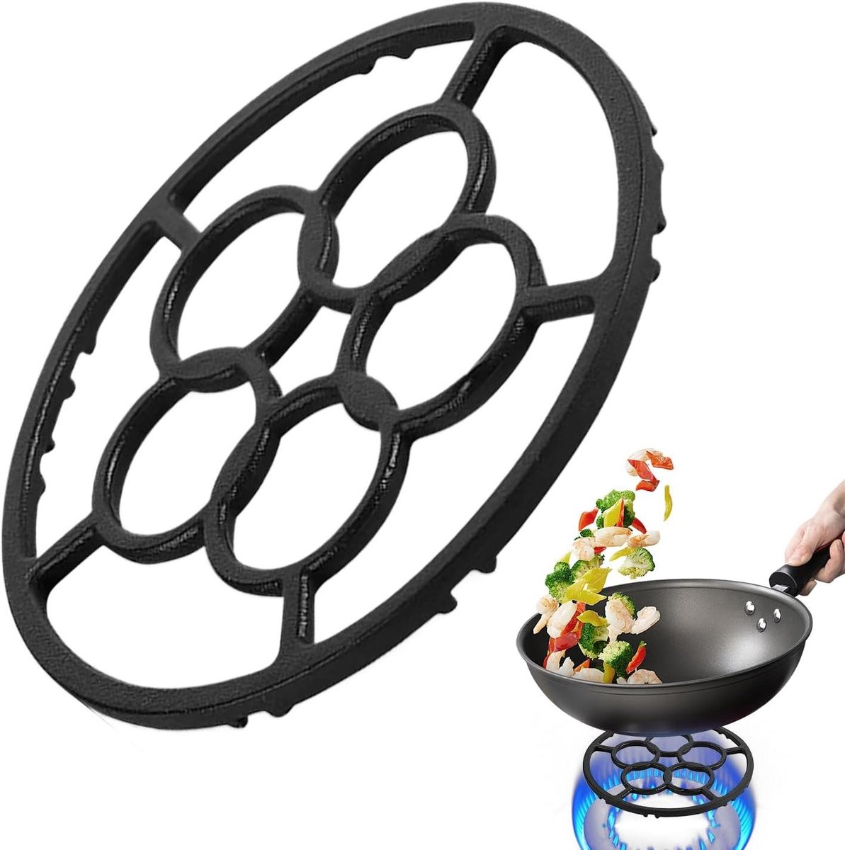 Wok Ring - Fornuis Ondersteuning - Stabiel Koken - Vijf-Ring Ontwerp - 18.3 cm Diameter - Zwart