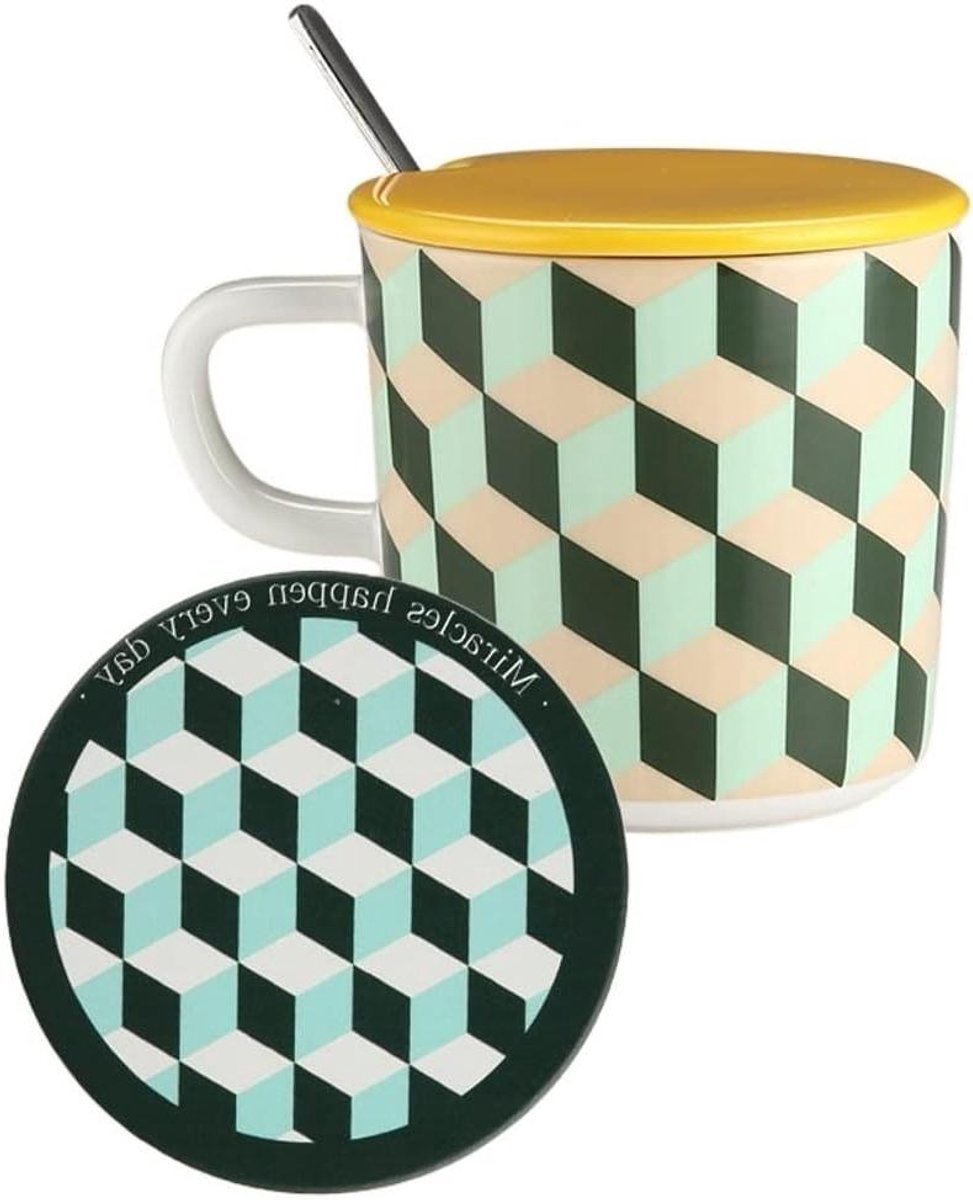 Keramische Mok - Dambord Beker - Dagelijks Gebruik - Inclusief Deksel Lepel - 350 ml - Zwart Wit