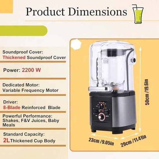 Krachtige, geluidsdichte blender van 2200 W met geluidsdempend schild, grote inhoud van 2 liter, snelle ijsvergruizer, zelfreinigend, multifunctionele professionele smoothie maker — afbeelding 5