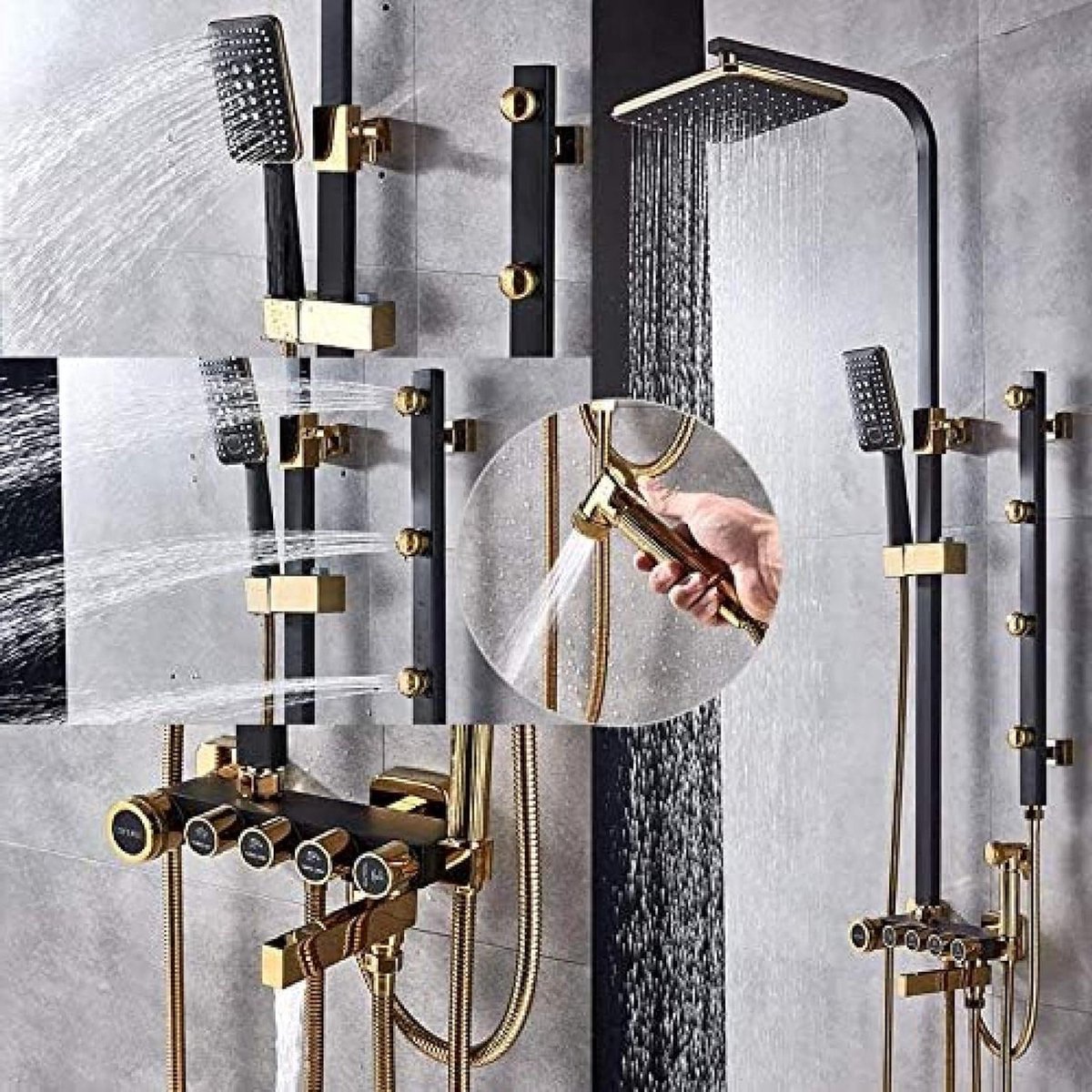 Douchekraan Set - Badkamer Kraan - Spa Massage - 5-Weg Knop Bediening - 400 mm - Mat Zwart