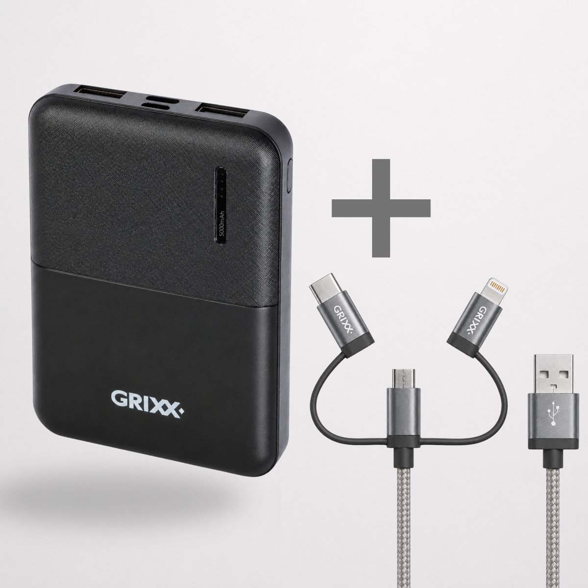 GRIXX Powerbank Bundel 5000 mAh met 3-in-1 Kabel – USB-C, Lightning & Micro USB – MFI-gecertificeerd – 3 Apparaten Tegelijk Opladen – Grijs