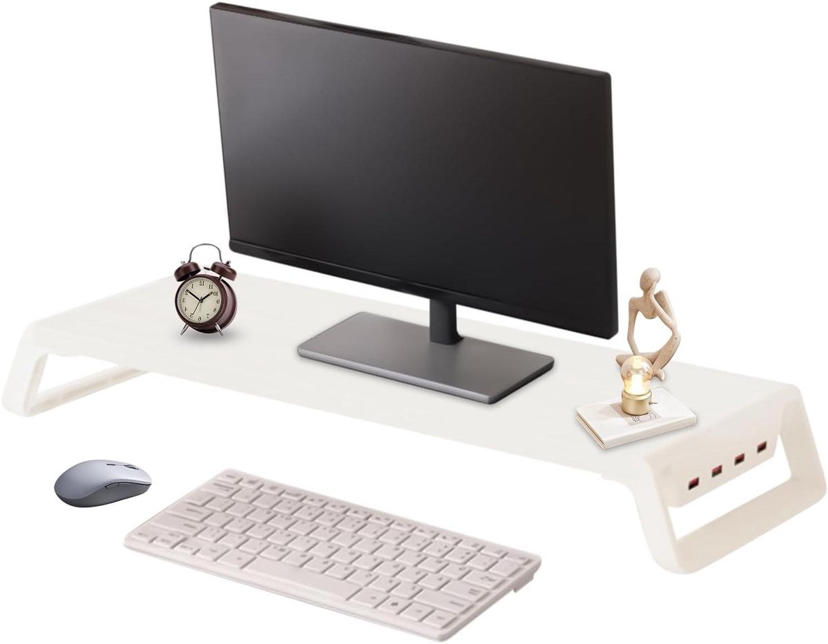 Monitor Verhoger - Bureau Organizer - Werkruimte Optimaliseren - Met 4 USB-poorten - 50 x 20 x 7.5 cm - Wit