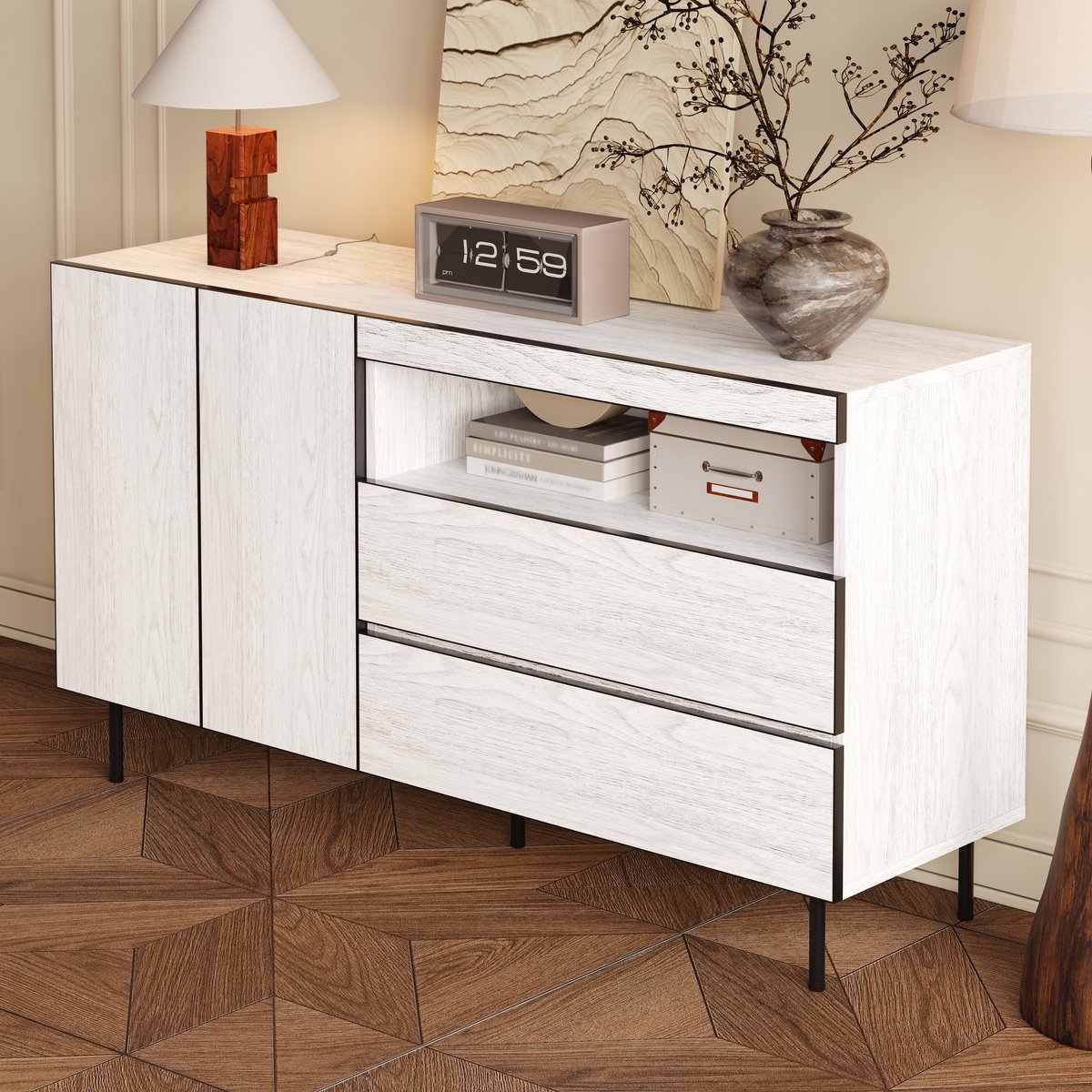 MODFU Sideboard - Greeploos Met Dubbele Deuren, Dubbele Laden En Open Vakken - Minimalistisch - Voor Woonkamer En Eetkamer - Spaanplaat - Wit