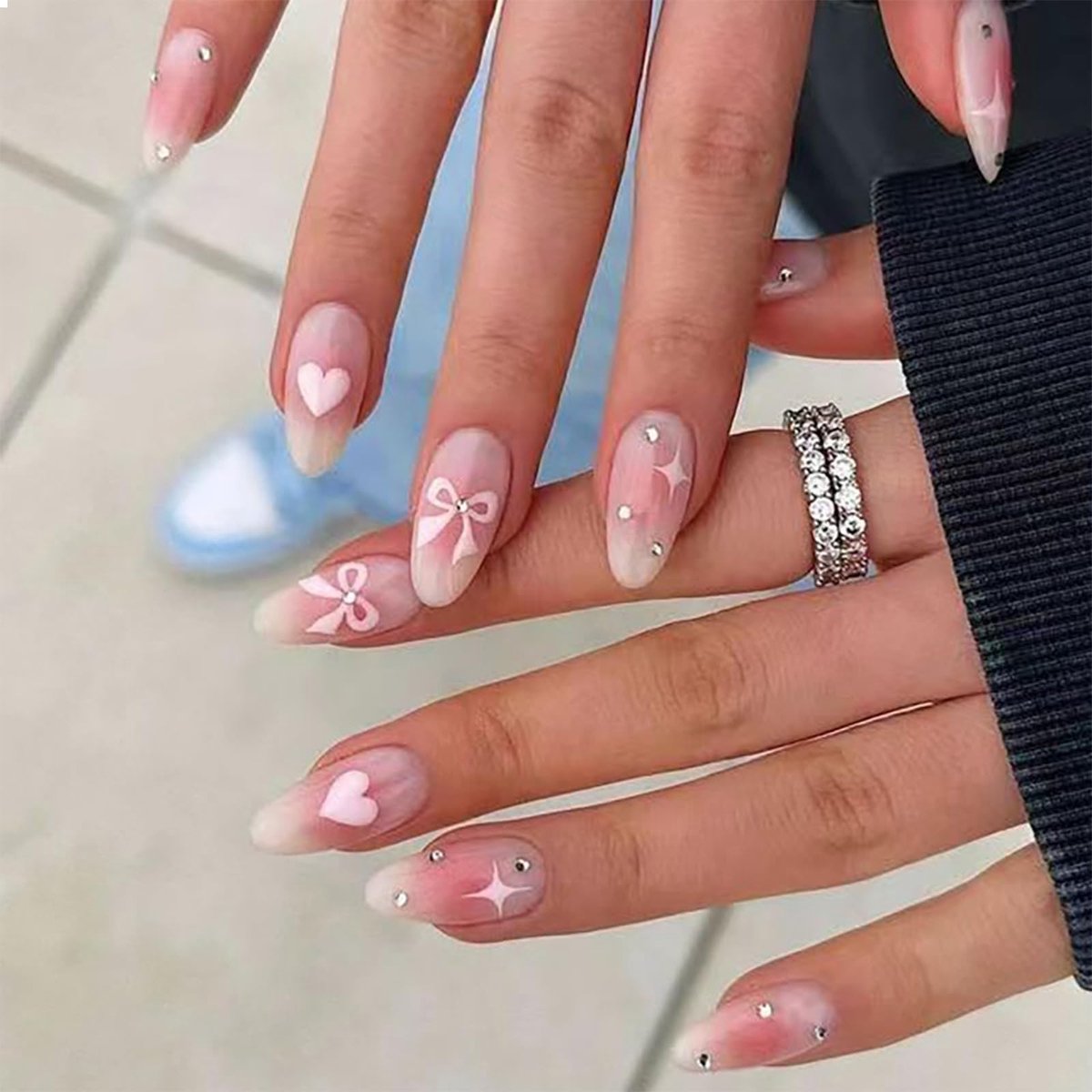 Cosensi - 24 Stuks Roze Hart Strik Press-On Nagels