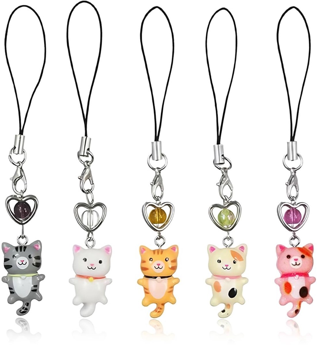 Dailygoods - Set van 5 Schattige Kattenhangers voor Mobiele Telefoons