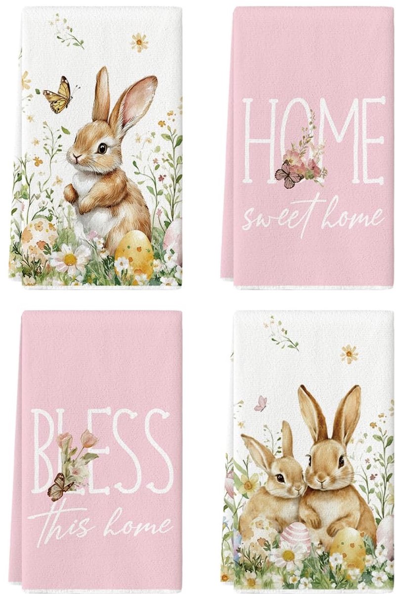 Dailygoods - Set van 4 Roze Theedoeken met Paasdesign en Bloemen