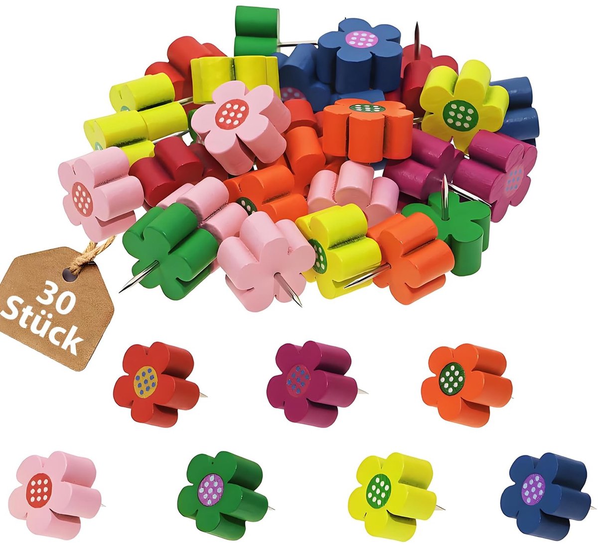 Dailygoods - Set van 30 Houten Punaises in Bloemvorm