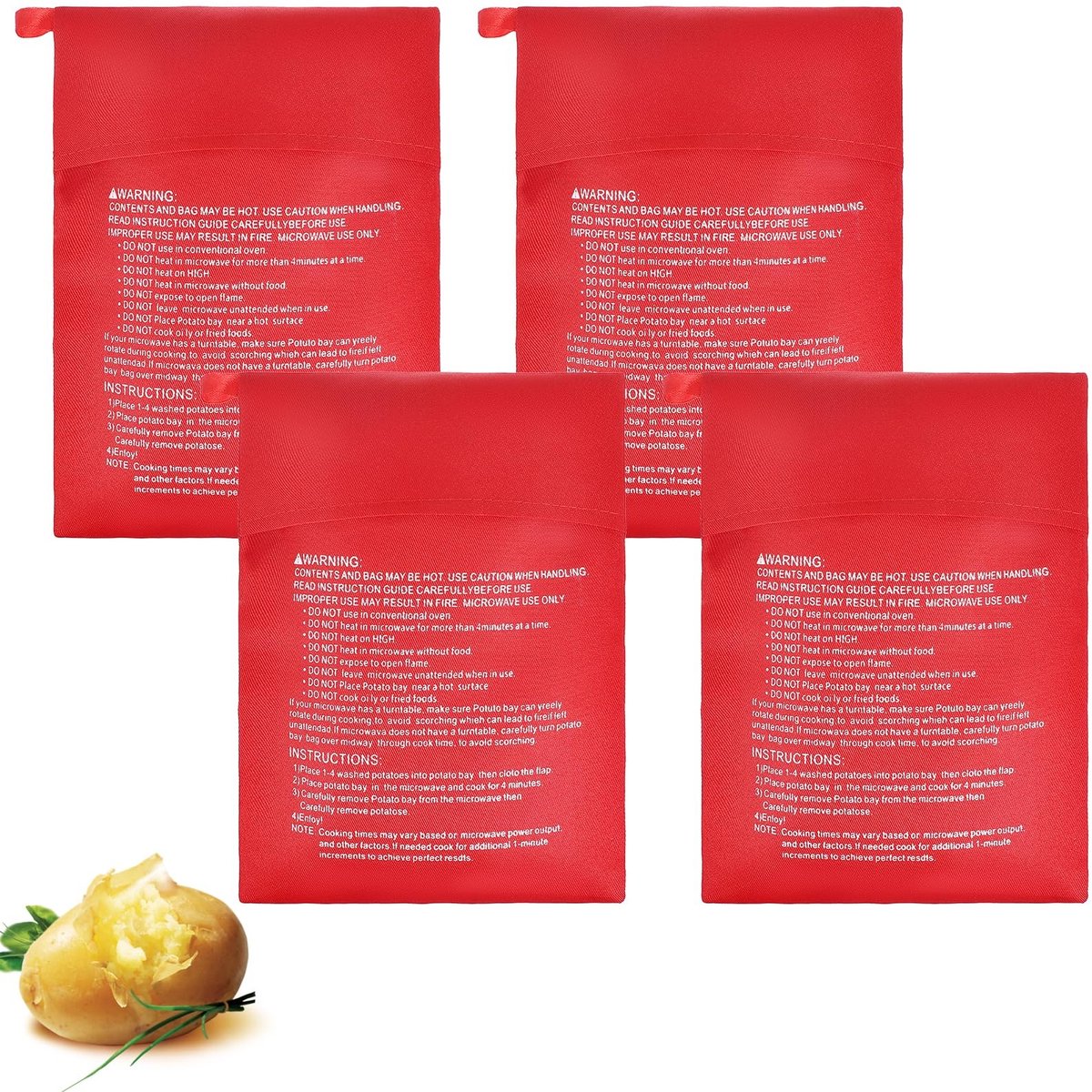 Dailygoods - 4 Stuks Herbruikbare Aardappelzakken voor Magnetron