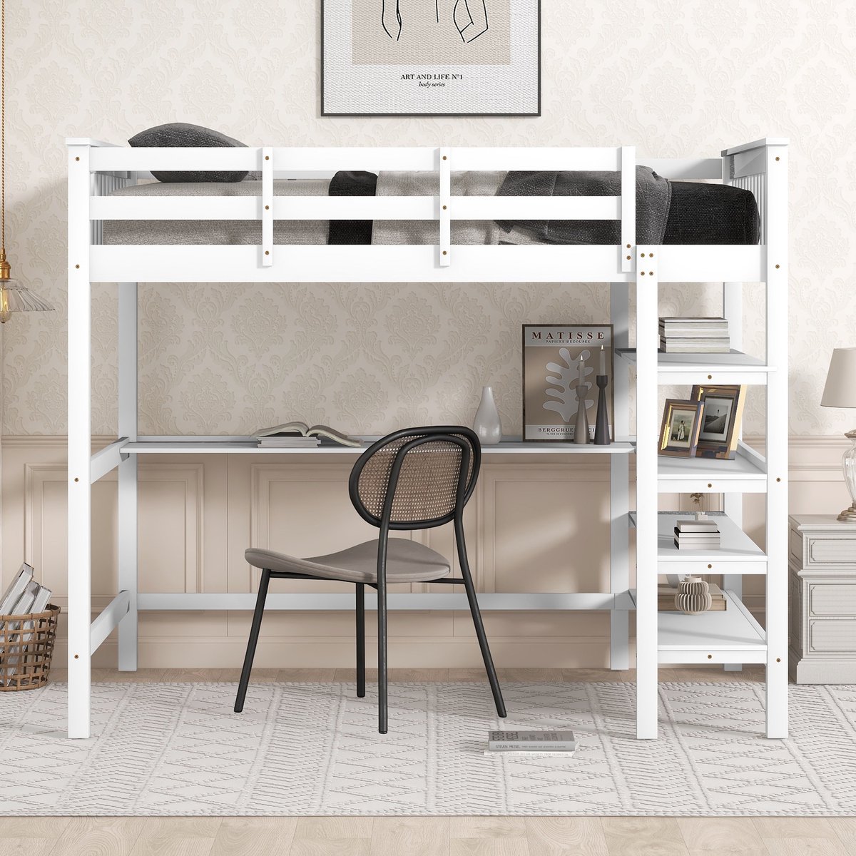 Wishdor Hoogslaper 140x200 cm – Met Bureau & Opbergvakken – Minimalistisch Design – Strak & Ruim – Grenen & MDF – Wit