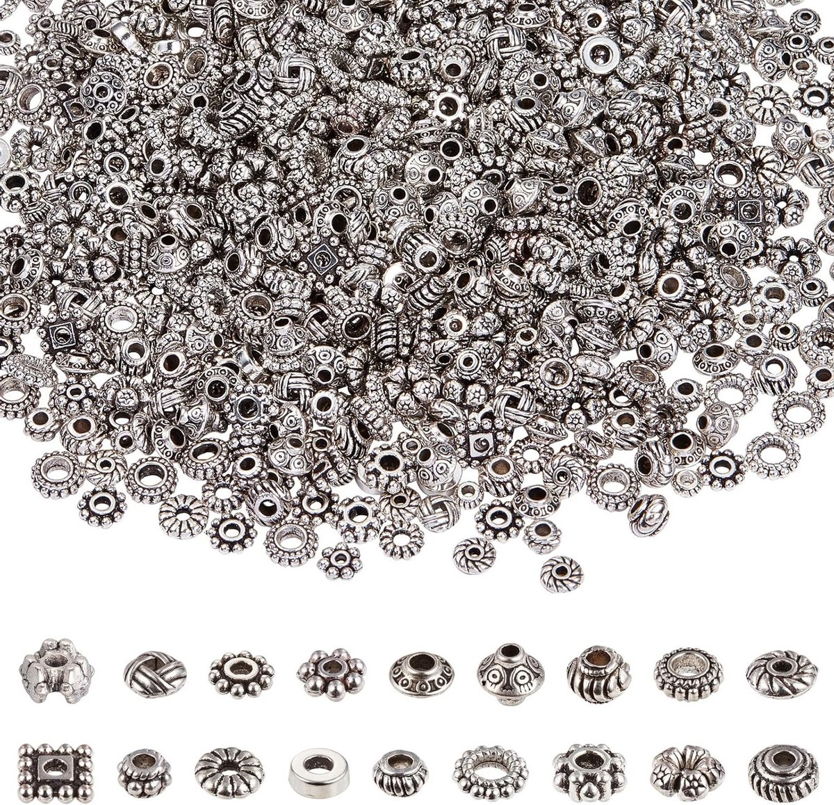 900 Stuks Tibetaanse Stijl Legering Kralen Spacers voor Kettingen en Armbanden - Antiek Zilver, 18 Verschillende Vormen voor DIY Sieraden Maken