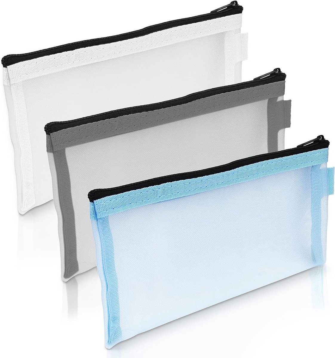 Drie-delige doorzichtige etui met rits, ideaal voor examens en schoolbenodigdheden, multifunctionele nylon make-up tas in grijs, blauw en wit