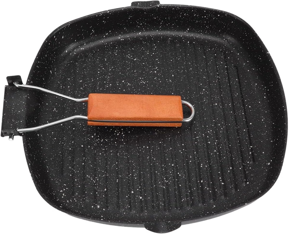 Koolstofstalen Grillpan met Opvouwbare Handgreep, Antiaanbaklaag voor Makkelijk Schoonmaken, Ideaal voor Vlees, Vis en Groenten (28x28cm)