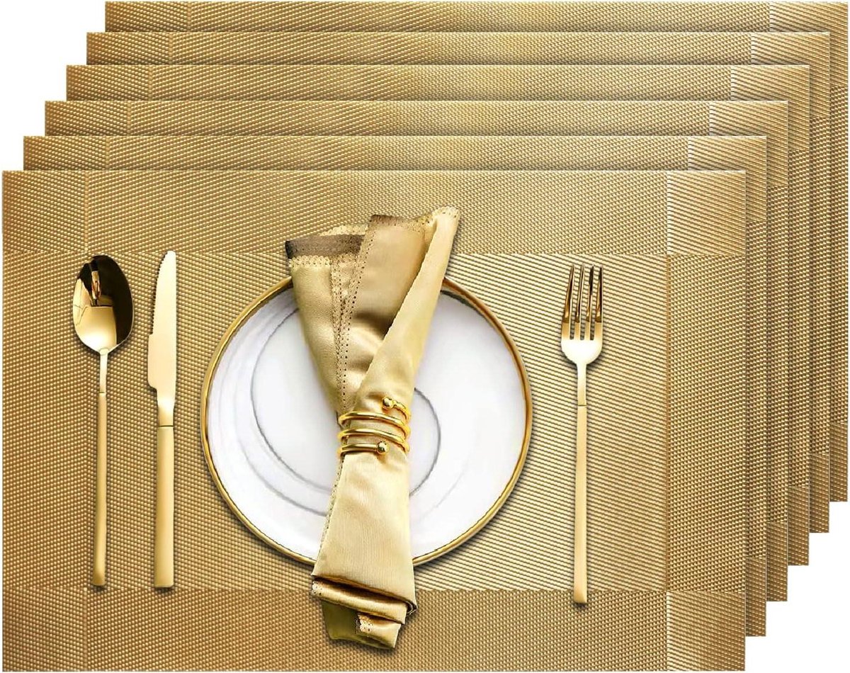 Placemats Set - Tafelmatten Keuken - Tafel Beschermen - Hittebestendig Geweven Vinyl - 457 x 305 cm - Goud
