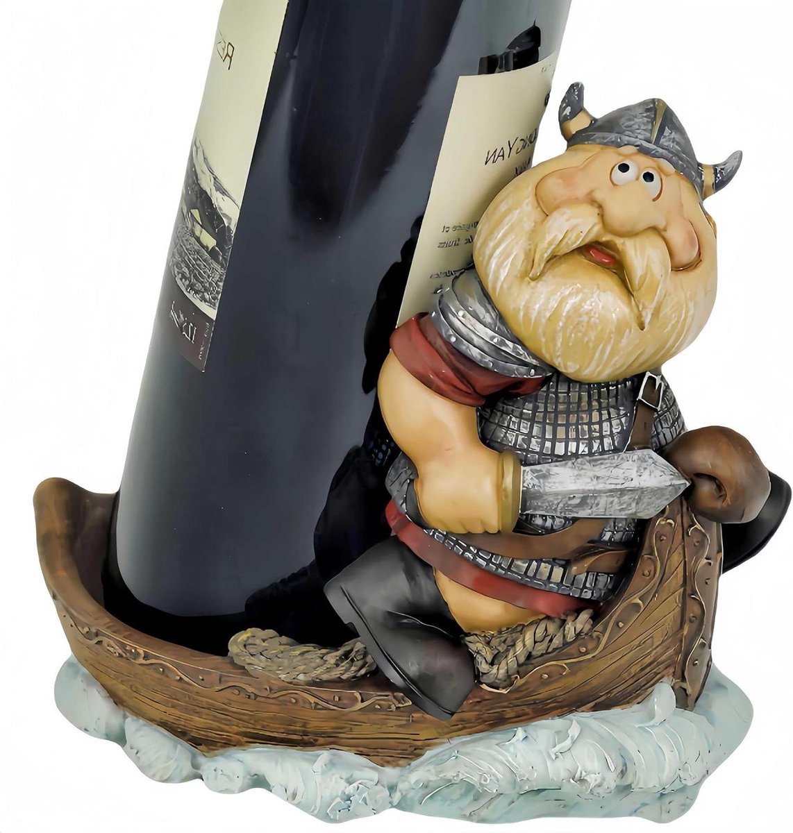 Viking Beeldje - Wijnrek Houder - Fles Presenteren - Hars Materiaal - 20 x 17 x 12 cm - Bruin