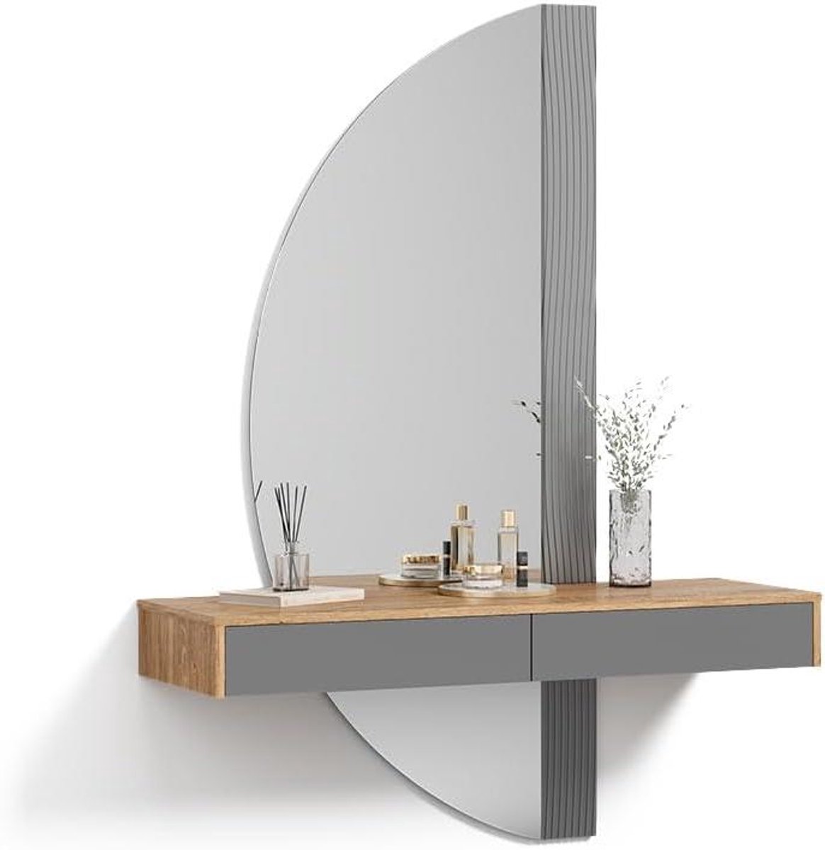 Kaptafel met Spiegel - Cosmeticatafel Make-up Tafel - Make-up Opbergen - Hangend Design - 120 cm Breed - Grijs
