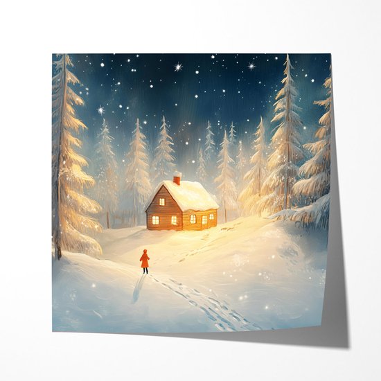 Warme Winterlandschap Blauw - Poster 90x90 cm vierkant Sfeervolle wanddecoratie voor woonkamer en slaapkamer - Premium papier - Zonder lijst