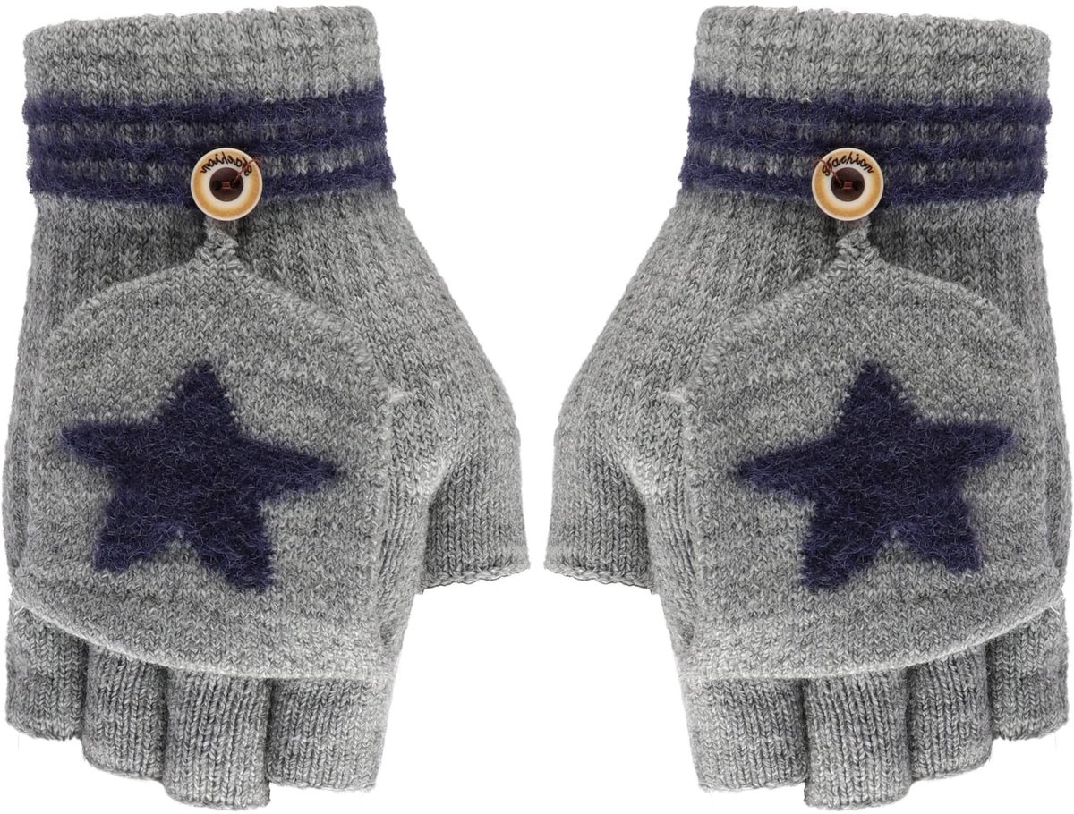 Store_9 - Wanten met knoopklep - Vingerloze halve handschoenen - Warm gebreid - Grijs/blauw/zwart/paarse kleur - Winterhandschoenen - Geschikt voor...