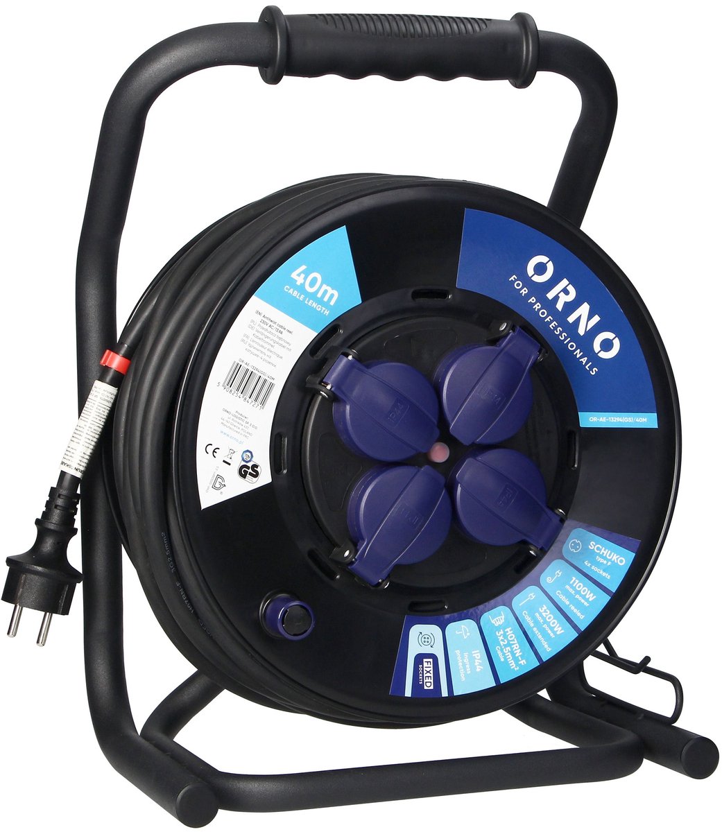ORNO Stekkerdoos Kabelhaspel met 4 vaste stopcontacten - Verlengsnoer Schuko (type F) - 40m Verlengkabel voor buitengebruik en camping - PVC H05VV-F 3x2.5mm2 - MAX 3200W / 13.9A voor Nederland
